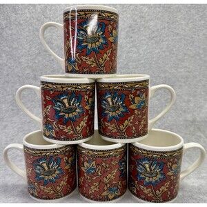 Pier 1 Madurai Coffee Mug Floral Set Of 6 Red Blue Gold Ceramic Cups